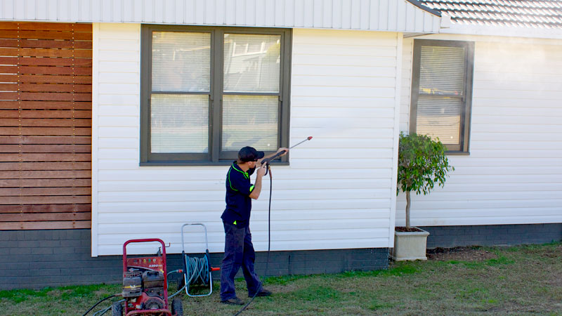 A house exterior after pressure cleaning.