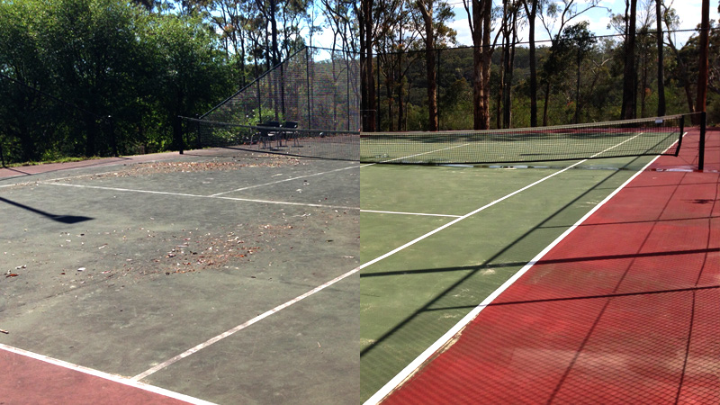 A tennis court before and after cleaning.