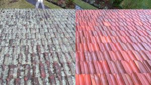 A roof before and after it has been high pressure cleaned.
