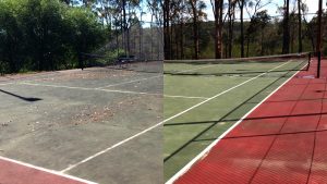 Tennis court before and after high pressure cleaning.